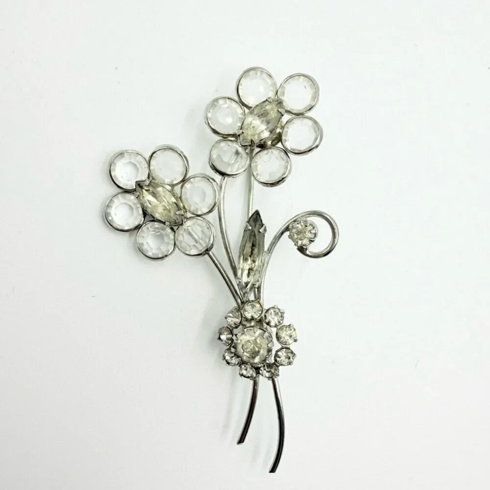 Vintage Silver Tone Bezel Set Faceted Crystal Flower Bouquet Brooch